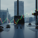 Executivos em sala de reunião discutindo investimentos voláteis em meio a tensões globais.