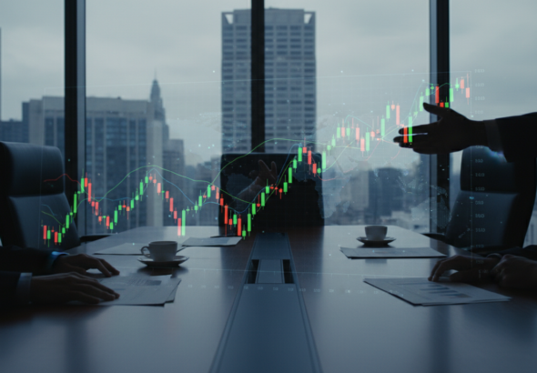 Executivos em sala de reunião discutindo investimentos voláteis em meio a tensões globais.