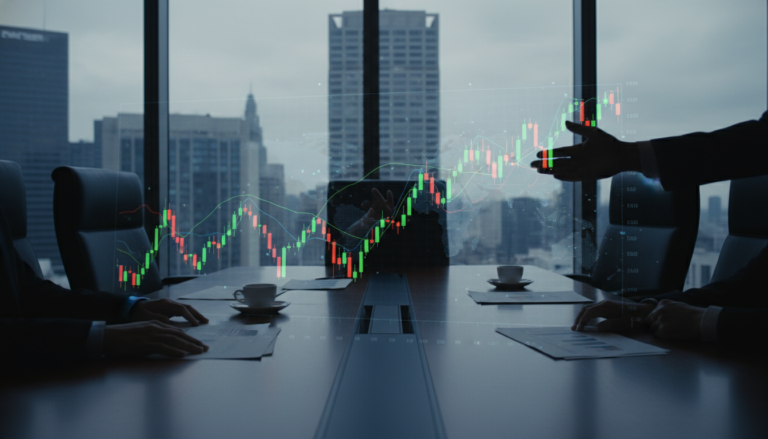 Executivos em sala de reunião discutindo investimentos voláteis em meio a tensões globais.