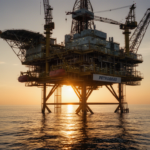Plataforma de produção de petróleo offshore no Brasil com a luz do amanhecer.