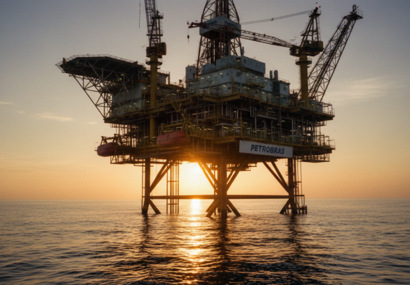 Plataforma de produção de petróleo offshore no Brasil com a luz do amanhecer.