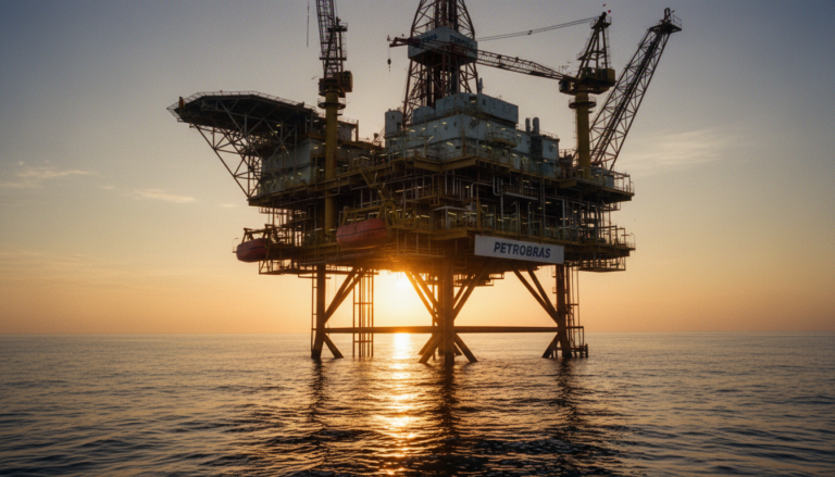 Plataforma de produção de petróleo offshore no Brasil com a luz do amanhecer.