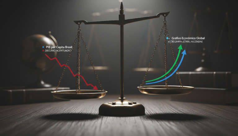 Balança de justiça simbolizando a diferença entre o PIB per capita do Brasil e o global