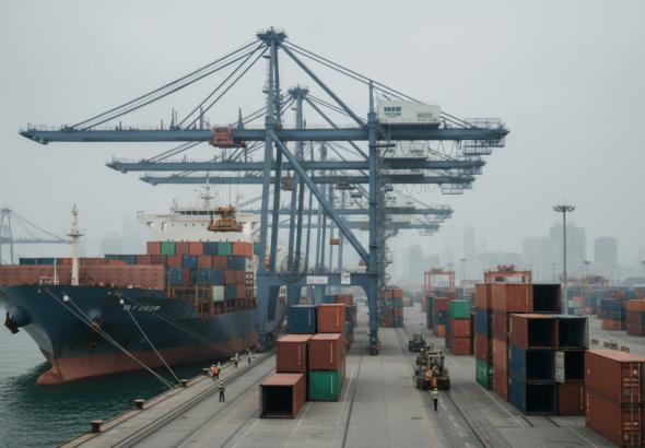 Porto de contêineres em um país asiático sob céu nublado, refletindo a instabilidade econômica global causada pelo conflito no Irã.