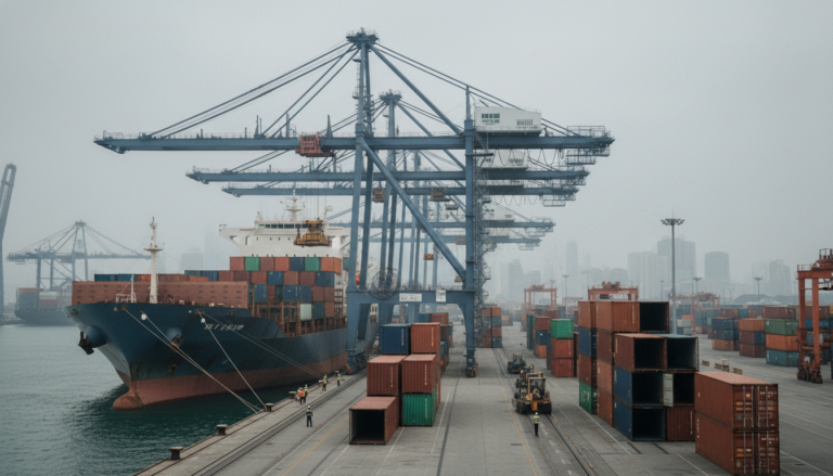 Porto de contêineres em um país asiático sob céu nublado, refletindo a instabilidade econômica global causada pelo conflito no Irã.